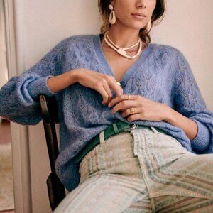 NWT Sezane Marlow Jumper Medium Soft Blue Sweater Cardigan French Fancy Knit